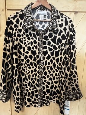 Alfred Dunner Black and Cream Animal Print Button-Down Shirt